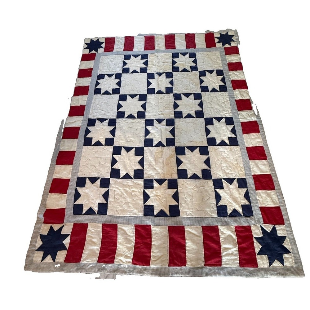 Vintage Handmade Patriotic Quilt Ohio Star Red White Blue Striped Border *READ